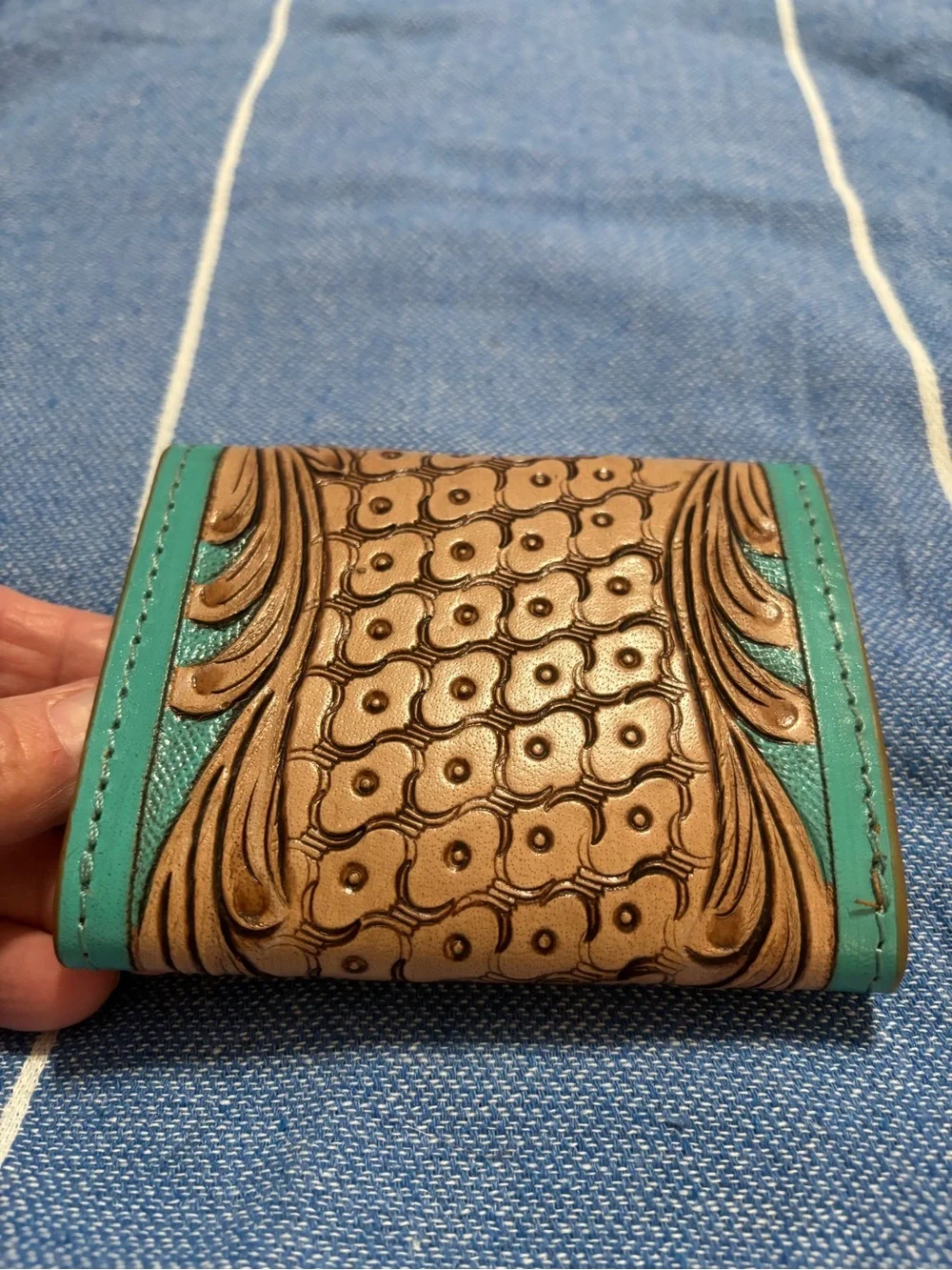 Turquoise-Trim Floral Tooled Leather Wallet